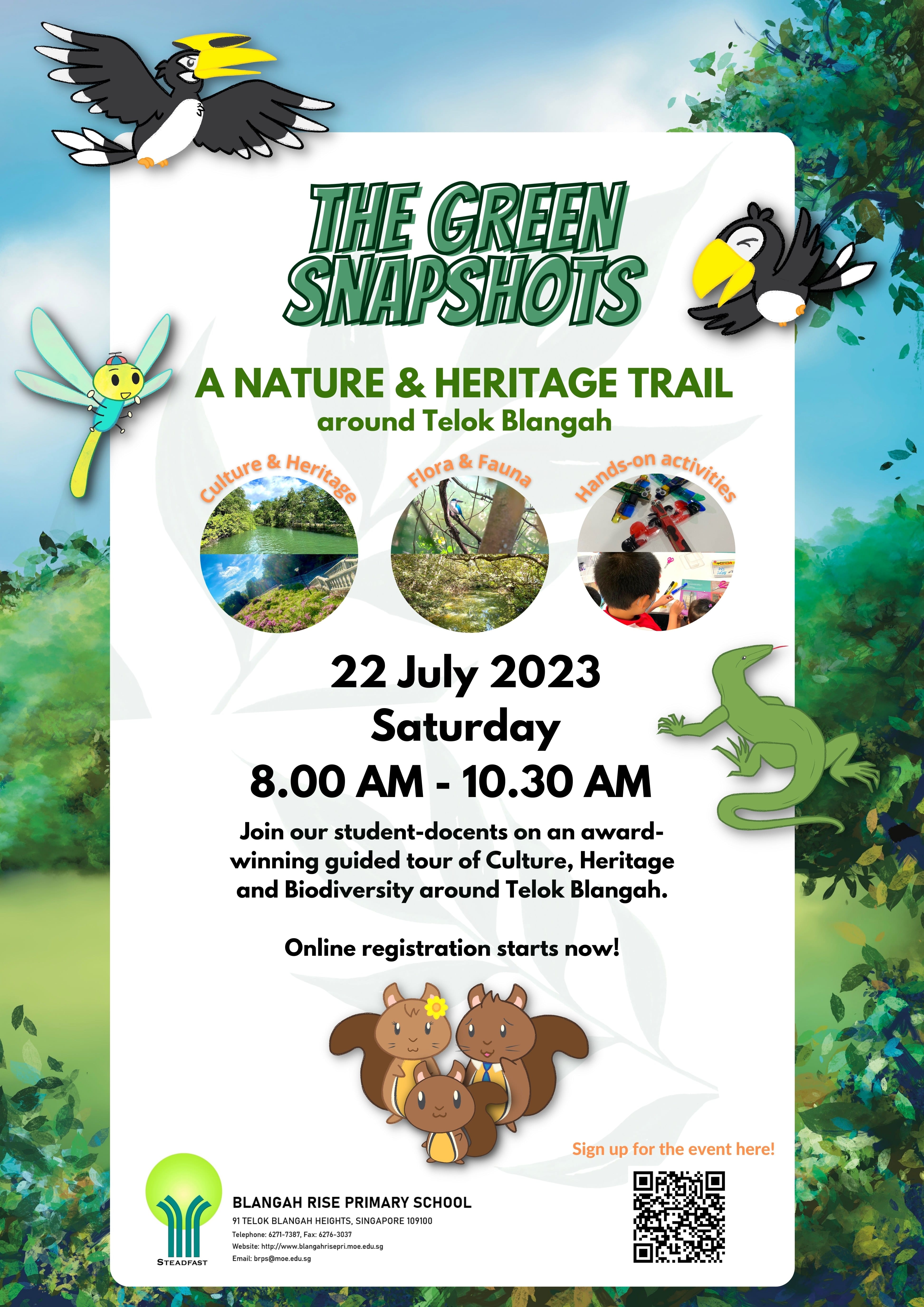 Poster for The Green Snapshots nature trail event on 22 July 2023, 8–10:30 AM, at Telok Blangah.
